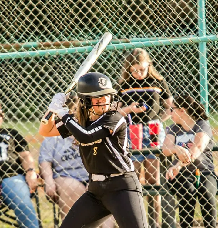 Girl about to swing a softball bat.