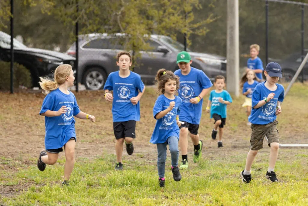 Kids running in blue shirts.