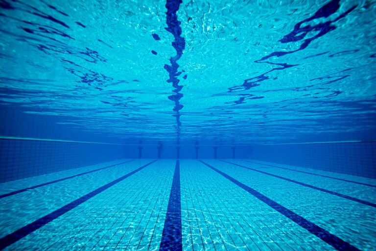 Swimming pool with dark blue lanes.